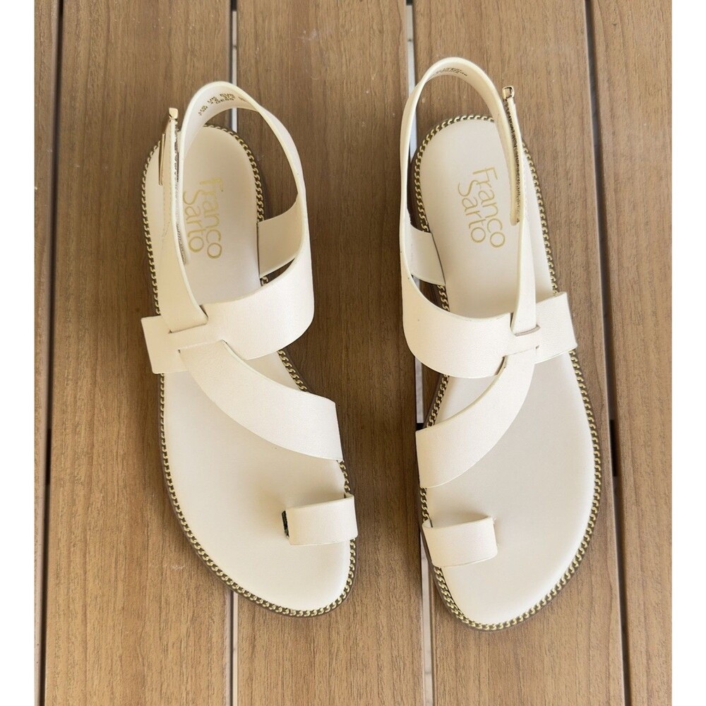 Franco Sarto Women 7.5M Cream Leather Strappy Toe Ring Flat Sandals